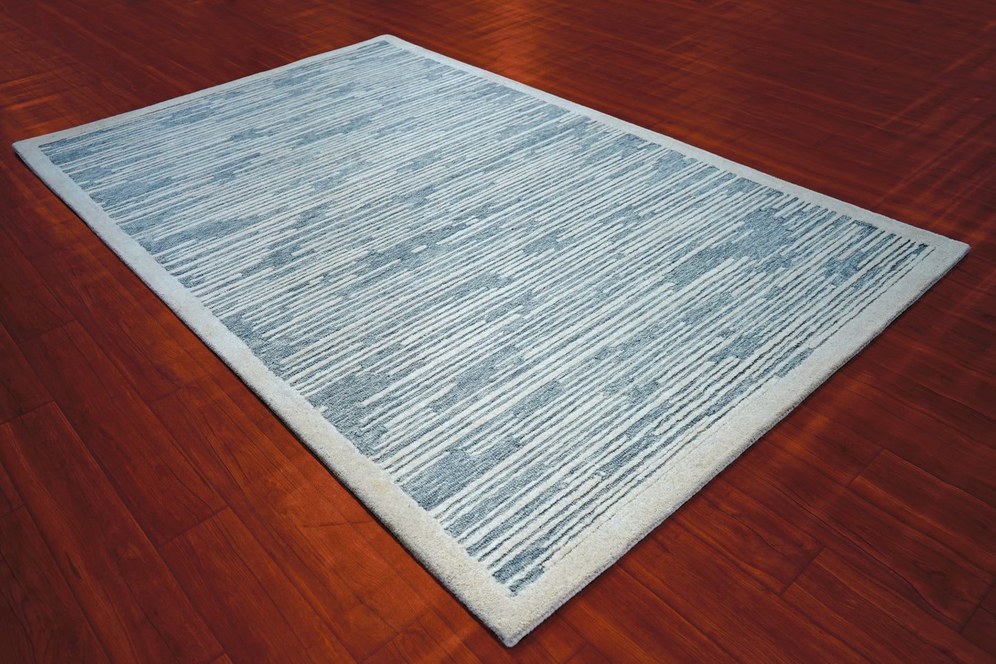Blue Grey Abstract Striped Textured Hand Tufted Wool Area Rug - Cut Pile Contemporary Custom Sizes