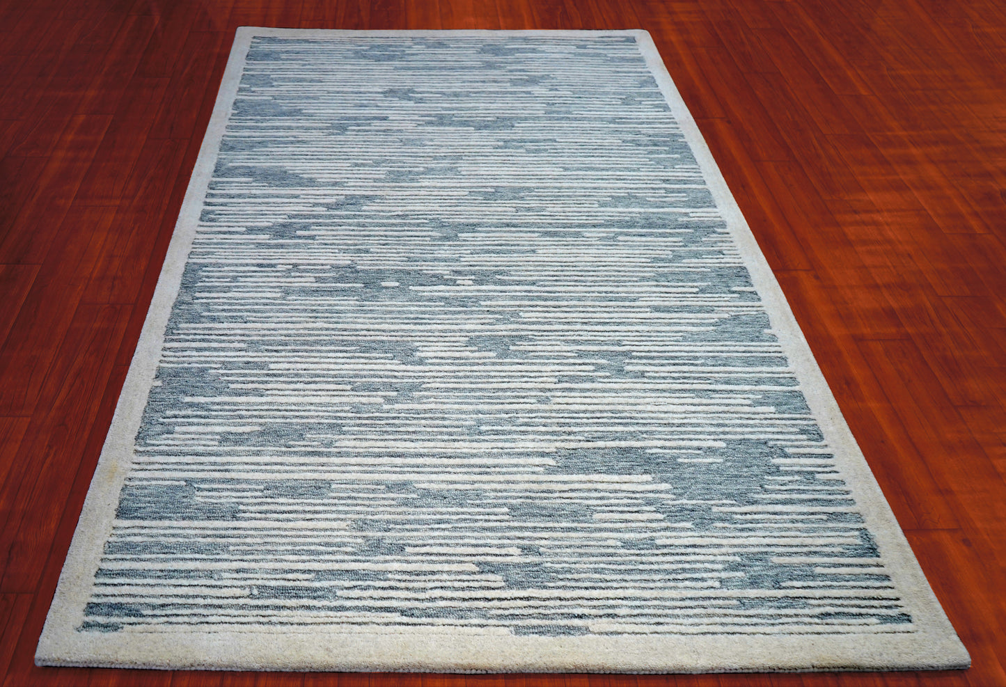Blue Grey Abstract Striped Textured Hand Tufted Wool Area Rug - Cut Pile Contemporary Custom Sizes