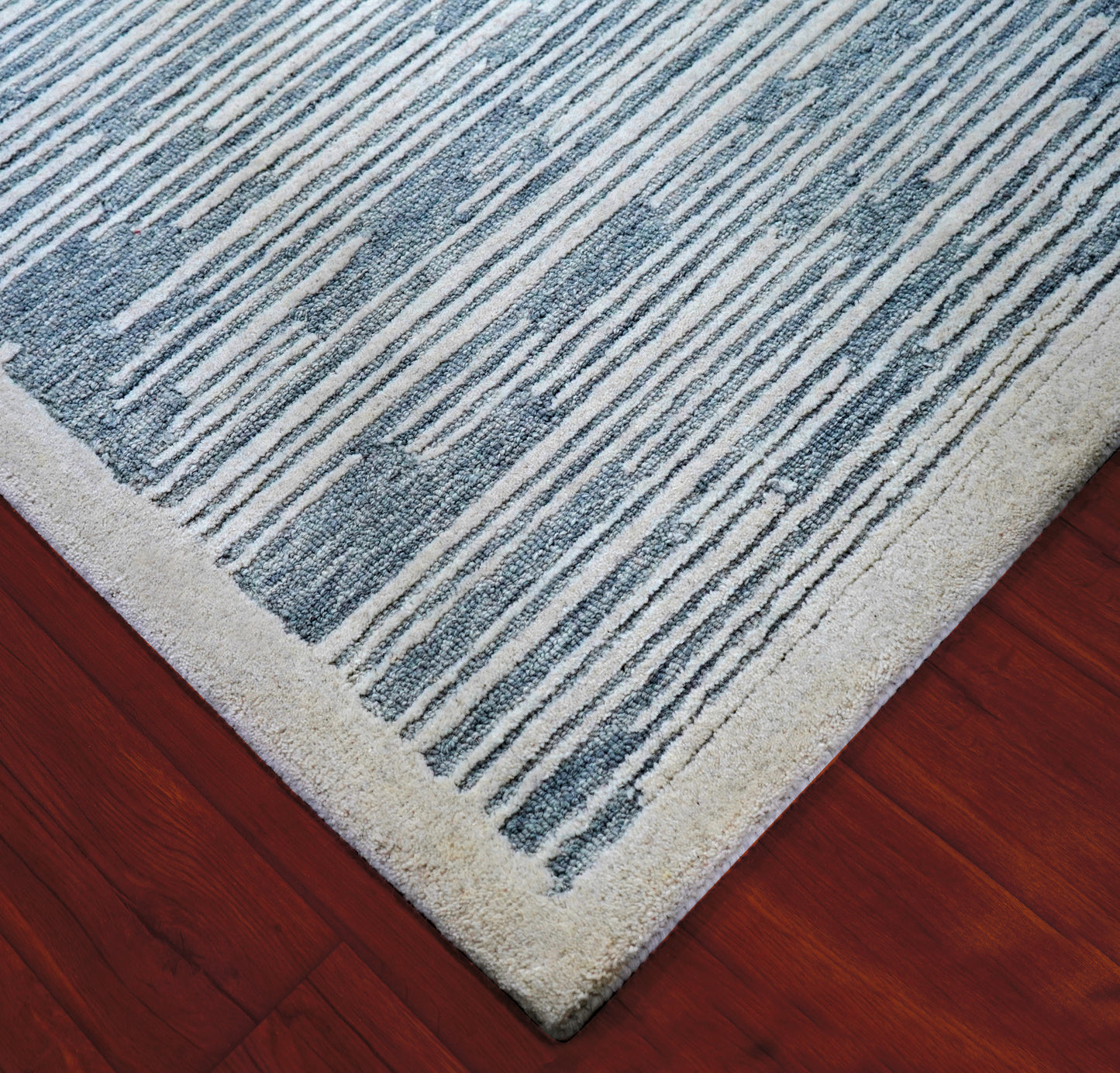 Blue Grey Abstract Striped Textured Hand Tufted Wool Area Rug - Cut Pile Contemporary Custom Sizes