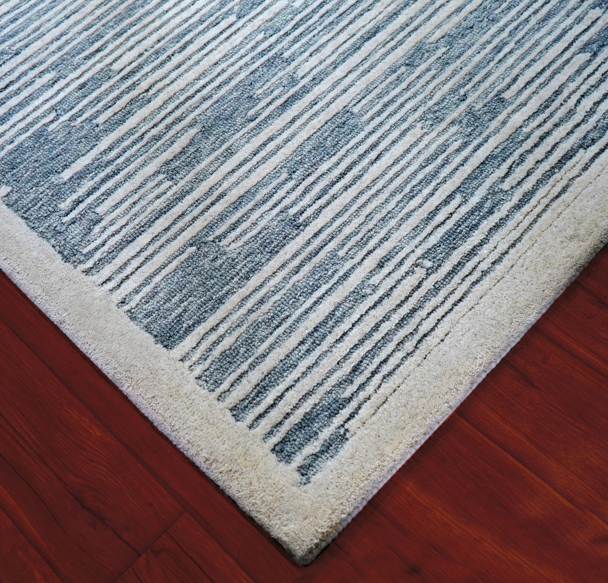 Blue Grey Abstract Striped Textured Hand Tufted Wool Area Rug - Cut Pile Contemporary Custom Sizes