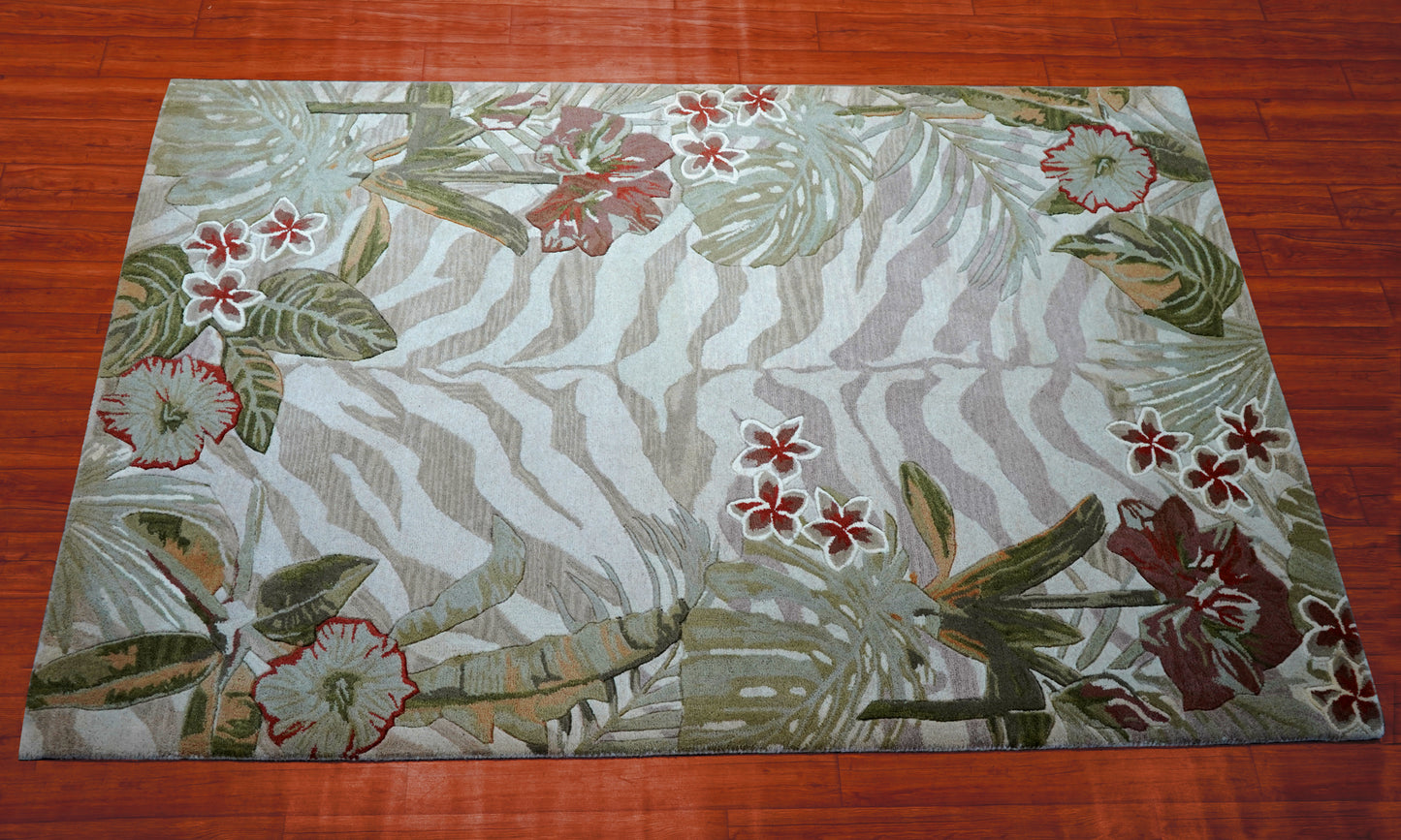 Tropical Border Zebra Stripes Hand Tufted Wool Area Rug - Green Brown Cut Pile Custom Sizes