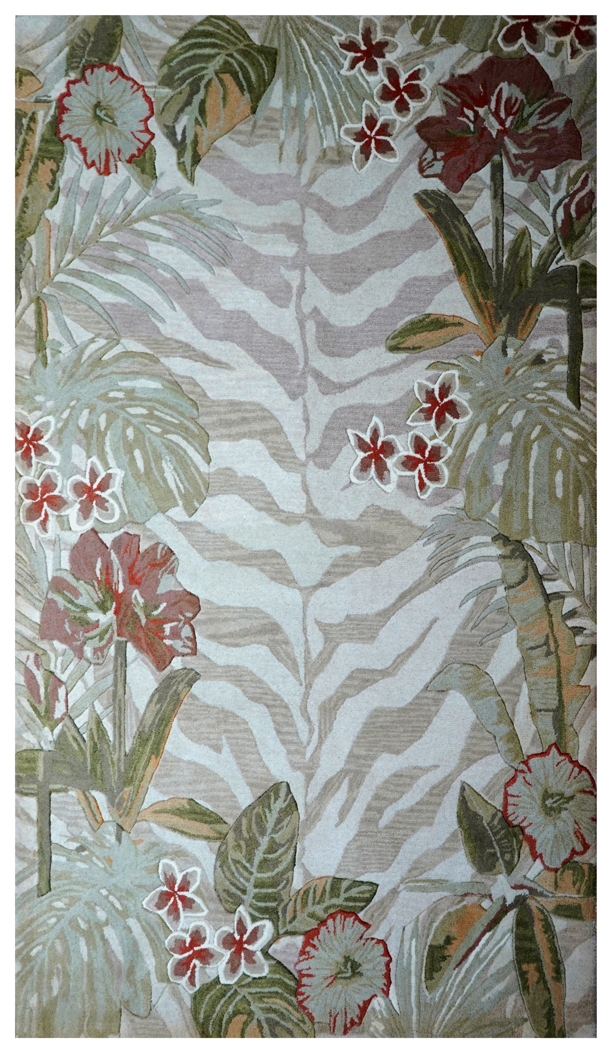 Tropical Border Zebra Stripes Hand Tufted Wool Area Rug - Green Brown Cut Pile Custom Sizes