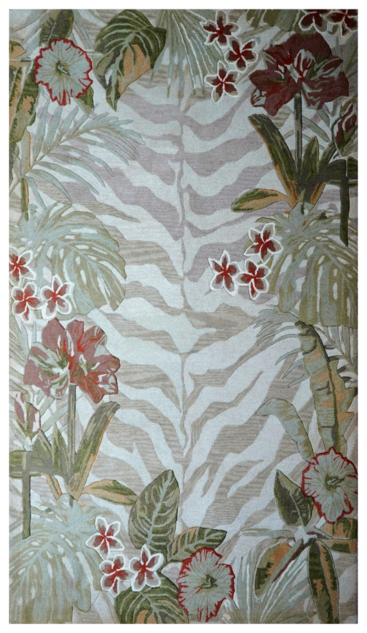 Tropical Border Zebra Stripes Hand Tufted Wool Area Rug - Green Brown Cut Pile Custom Sizes