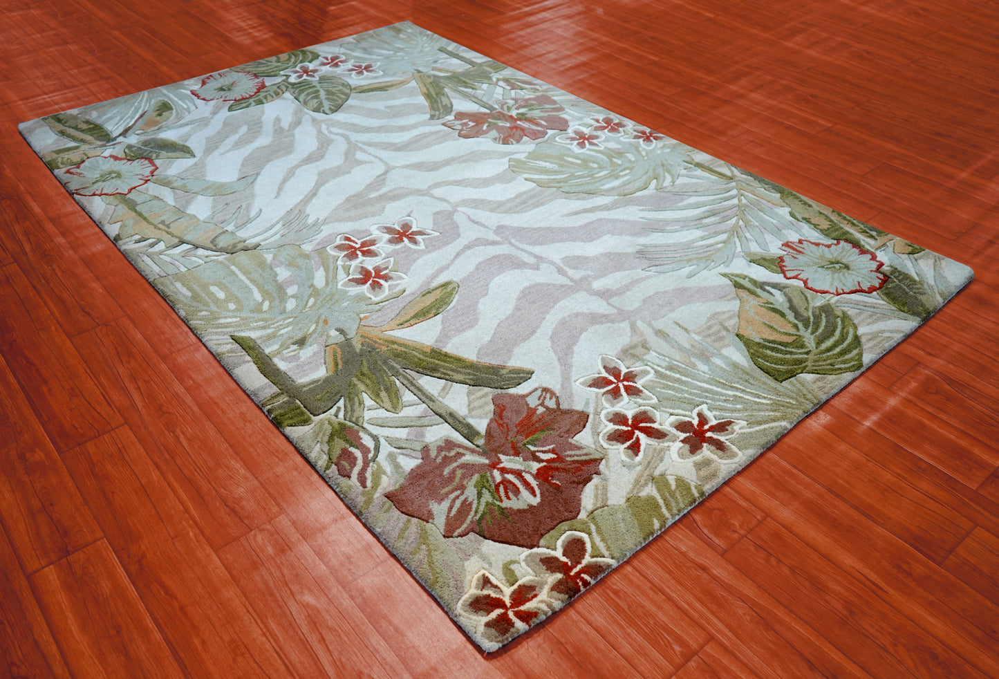 Tropical Border Zebra Stripes Hand Tufted Wool Area Rug - Green Brown Cut Pile Custom Sizes