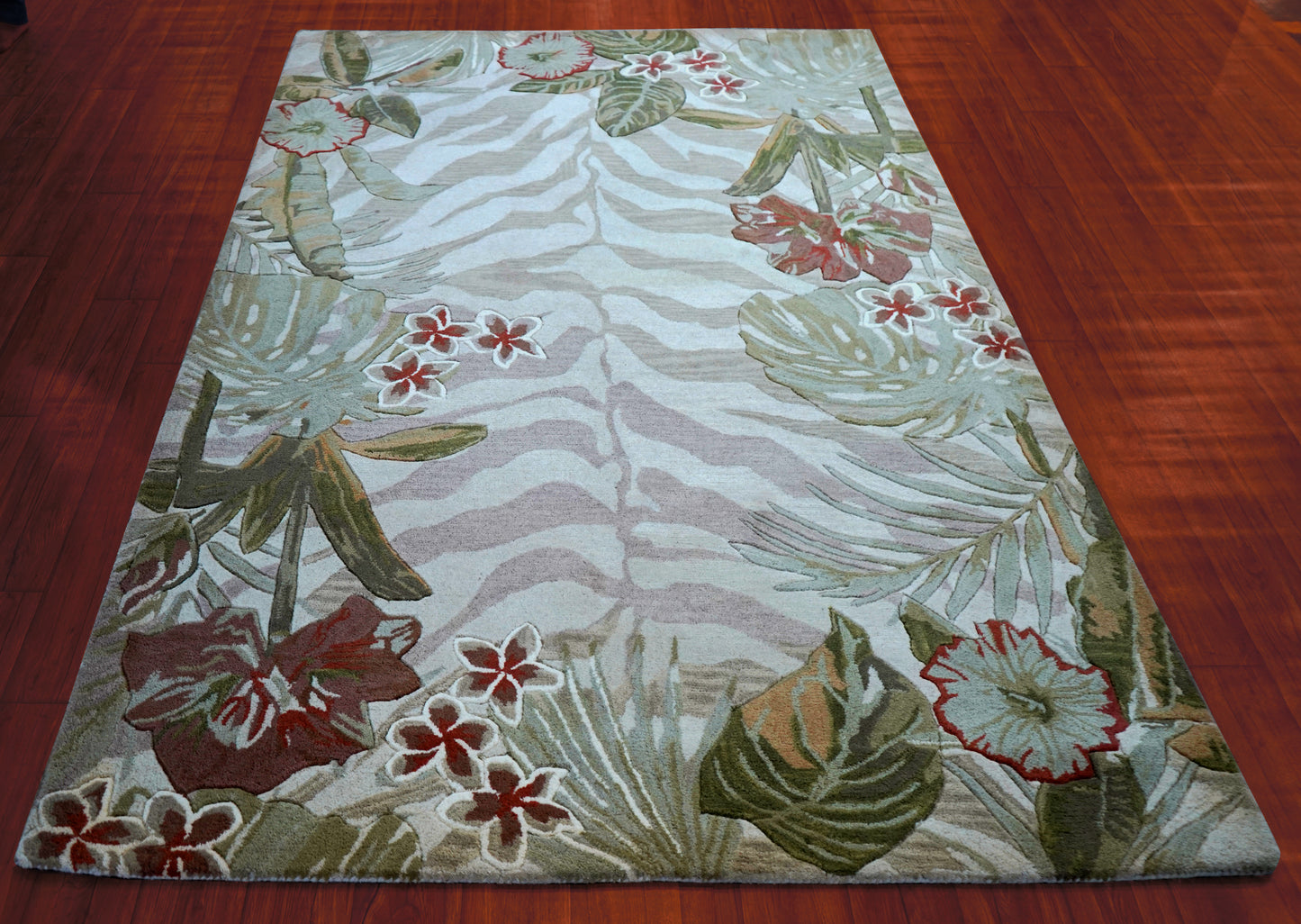 Tropical Border Zebra Stripes Hand Tufted Wool Area Rug - Green Brown Cut Pile Custom Sizes
