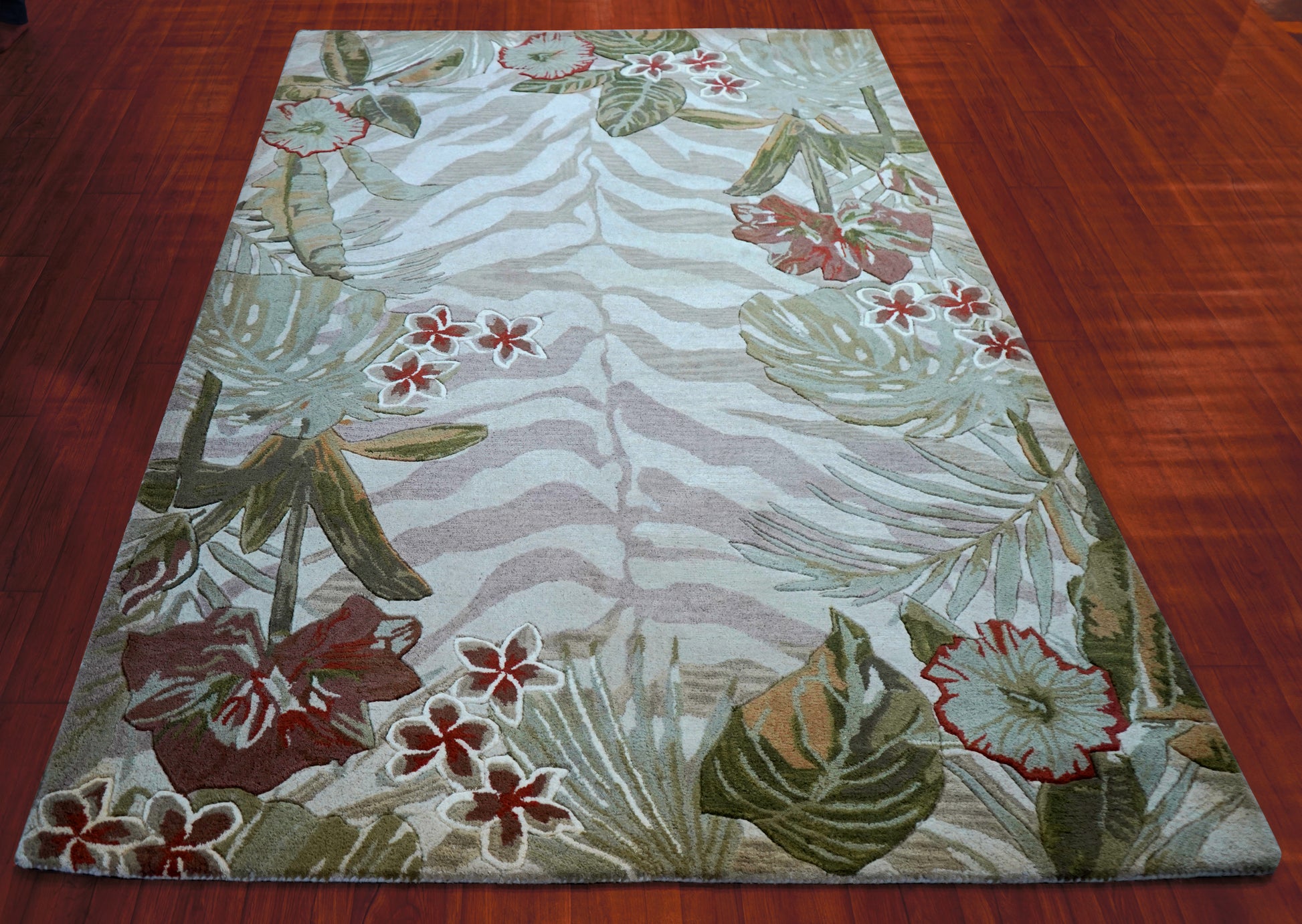 Tropical Border Zebra Stripes Hand Tufted Wool Area Rug - Green Brown Cut Pile Custom Sizes