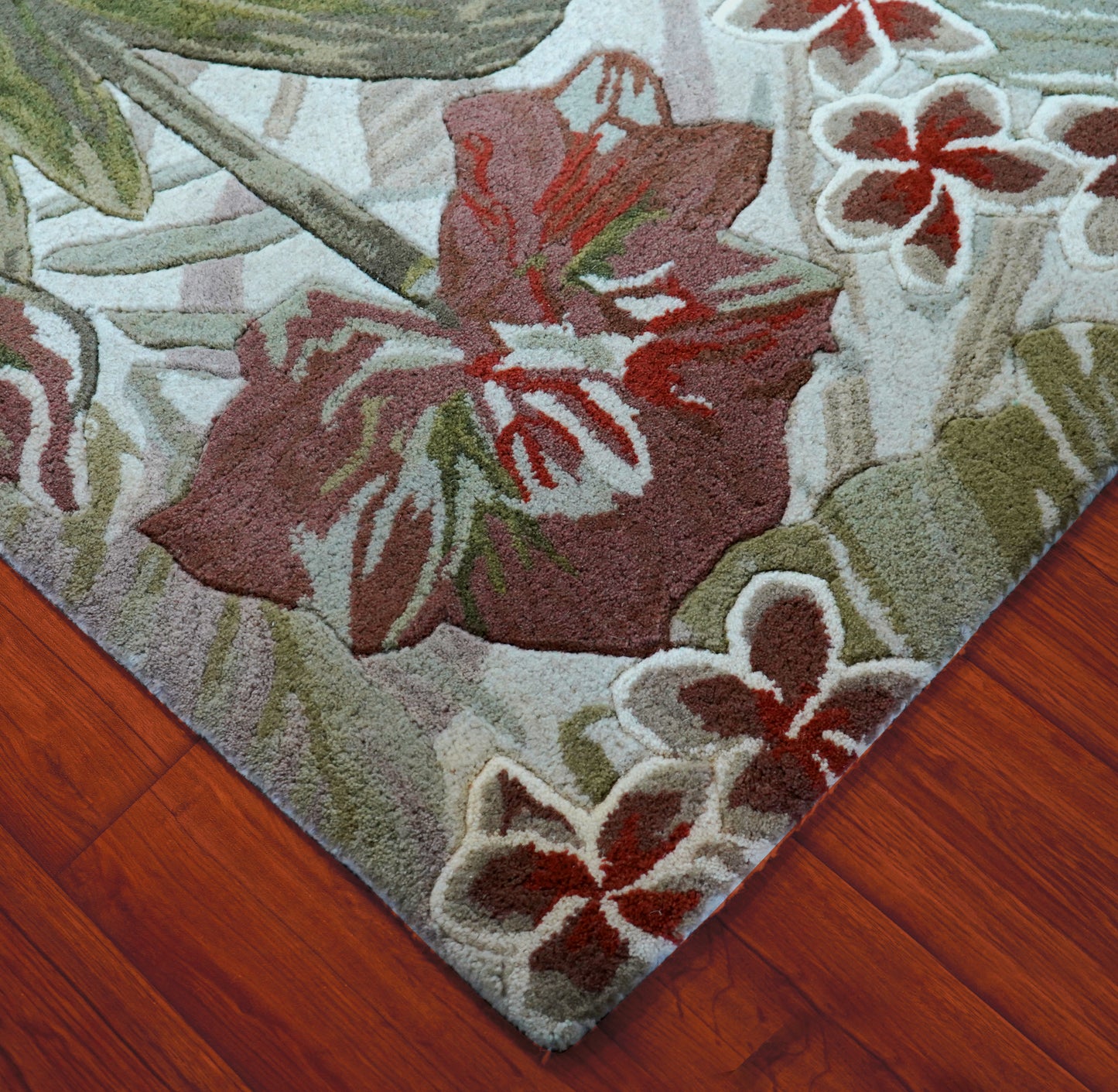 Tropical Border Zebra Stripes Hand Tufted Wool Area Rug - Green Brown Cut Pile Custom Sizes