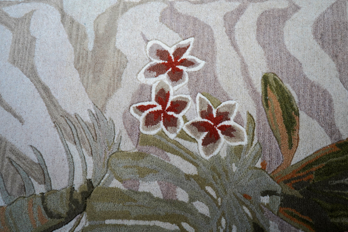 Tropical Border Zebra Stripes Hand Tufted Wool Area Rug - Green Brown Cut Pile Custom Sizes