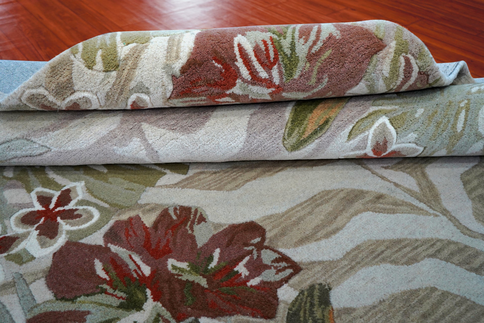 Tropical Border Zebra Stripes Hand Tufted Wool Area Rug - Green Brown Cut Pile Custom Sizes