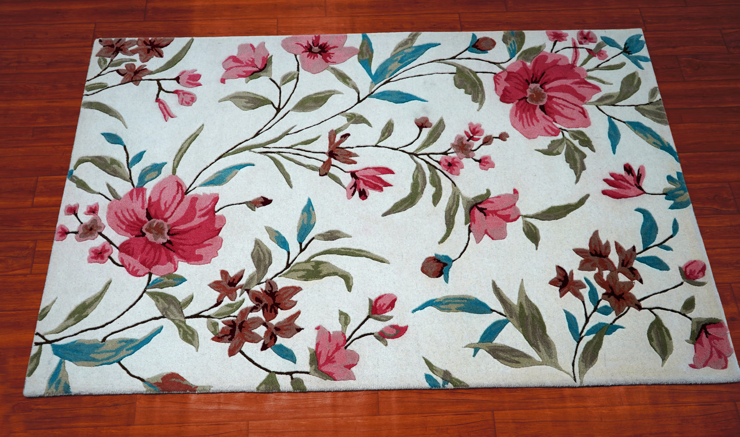 Pink Teal Watercolor Floral Hand Tufted Wool Area Rug - White Cut Pile Botanical Custom Sizes