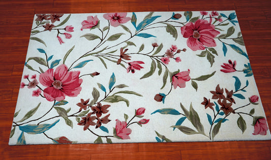 Pink Teal Watercolor Floral Hand Tufted Wool Area Rug - White Cut Pile Botanical Custom Sizes