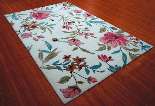 Pink Teal Watercolor Floral Hand Tufted Wool Area Rug - White Cut Pile Botanical Custom Sizes