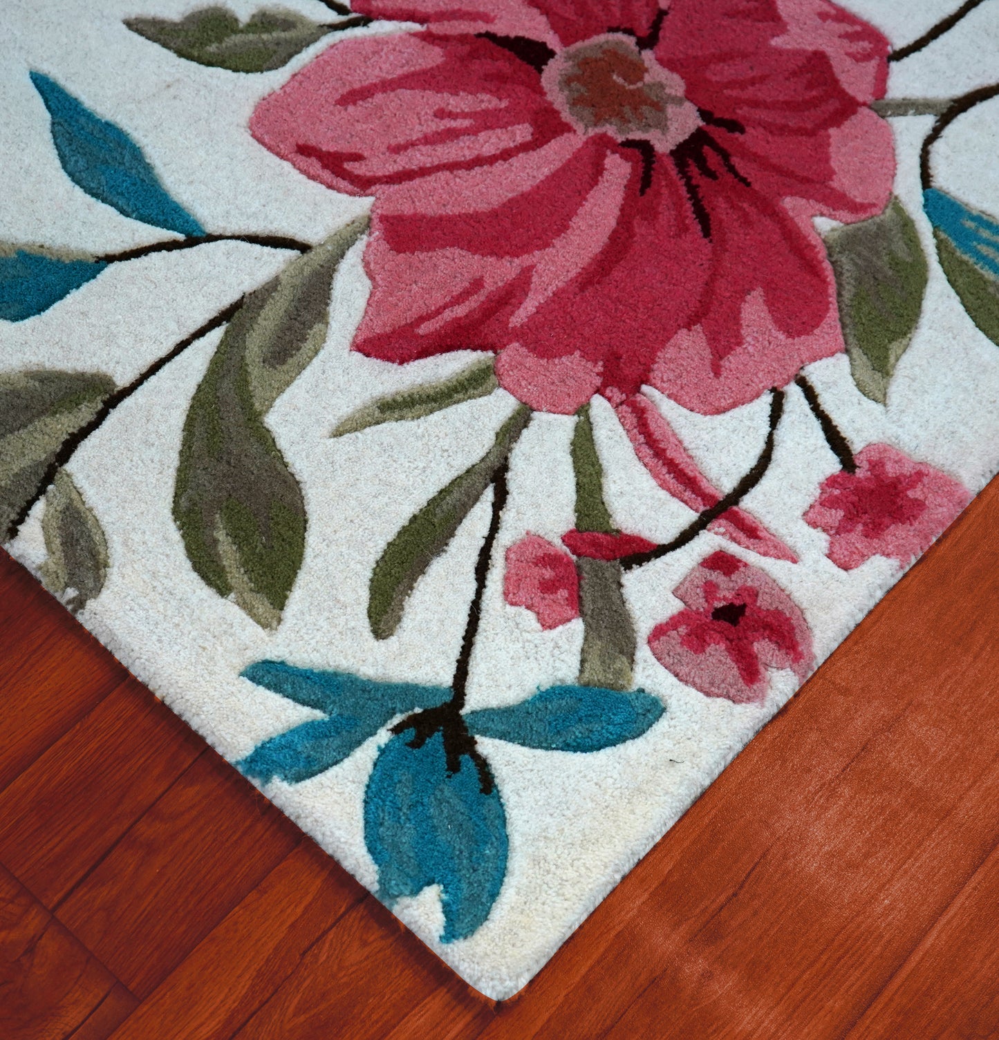 Pink Teal Watercolor Floral Hand Tufted Wool Area Rug - White Cut Pile Botanical Custom Sizes
