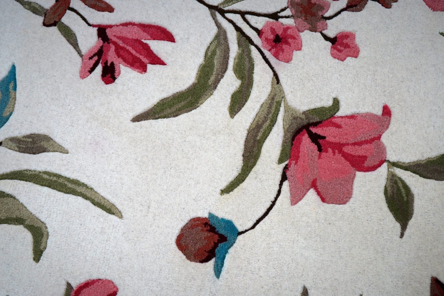 Pink Teal Watercolor Floral Hand Tufted Wool Area Rug - White Cut Pile Botanical Custom Sizes