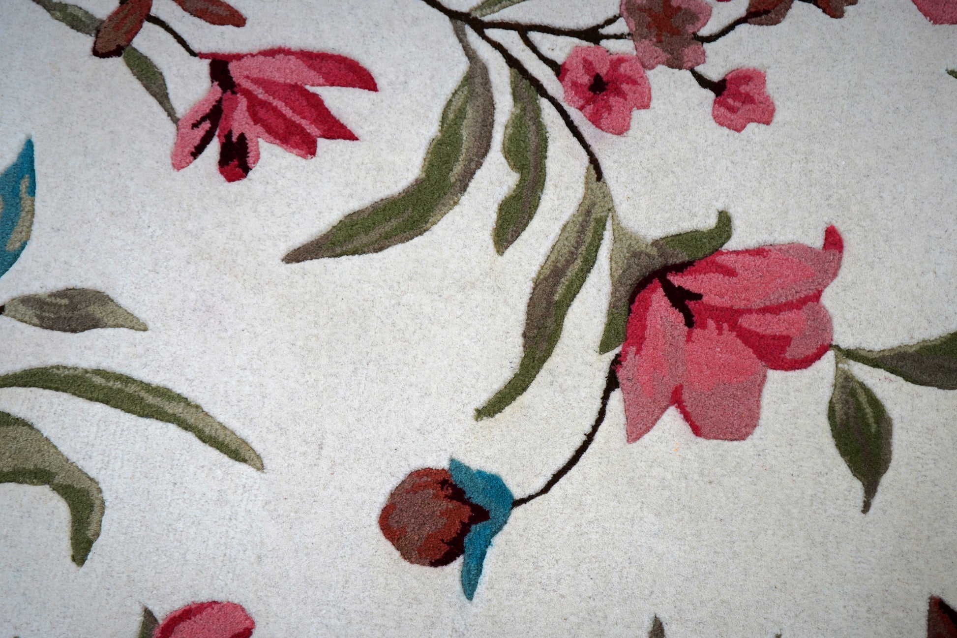 Pink Teal Watercolor Floral Hand Tufted Wool Area Rug - White Cut Pile Botanical Custom Sizes