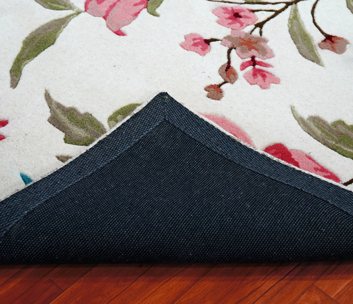 Pink Teal Watercolor Floral Hand Tufted Wool Area Rug - White Cut Pile Botanical Custom Sizes