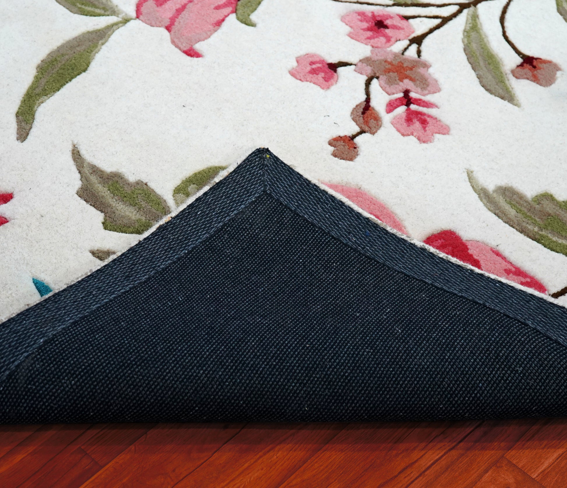 Pink Teal Watercolor Floral Hand Tufted Wool Area Rug - White Cut Pile Botanical Custom Sizes