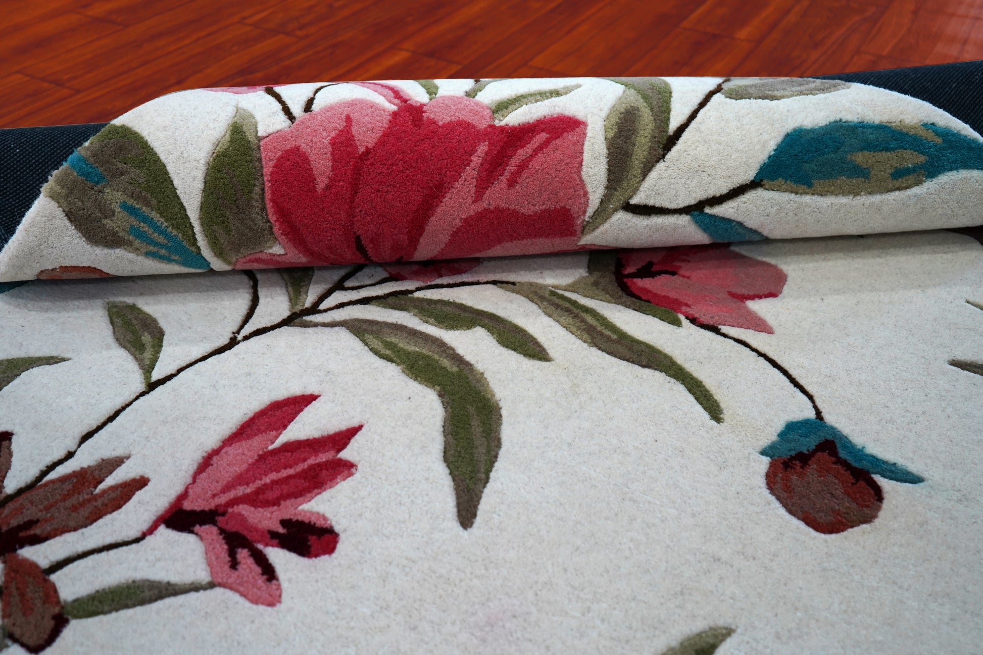 Pink Teal Watercolor Floral Hand Tufted Wool Area Rug - White Cut Pile Botanical Custom Sizes