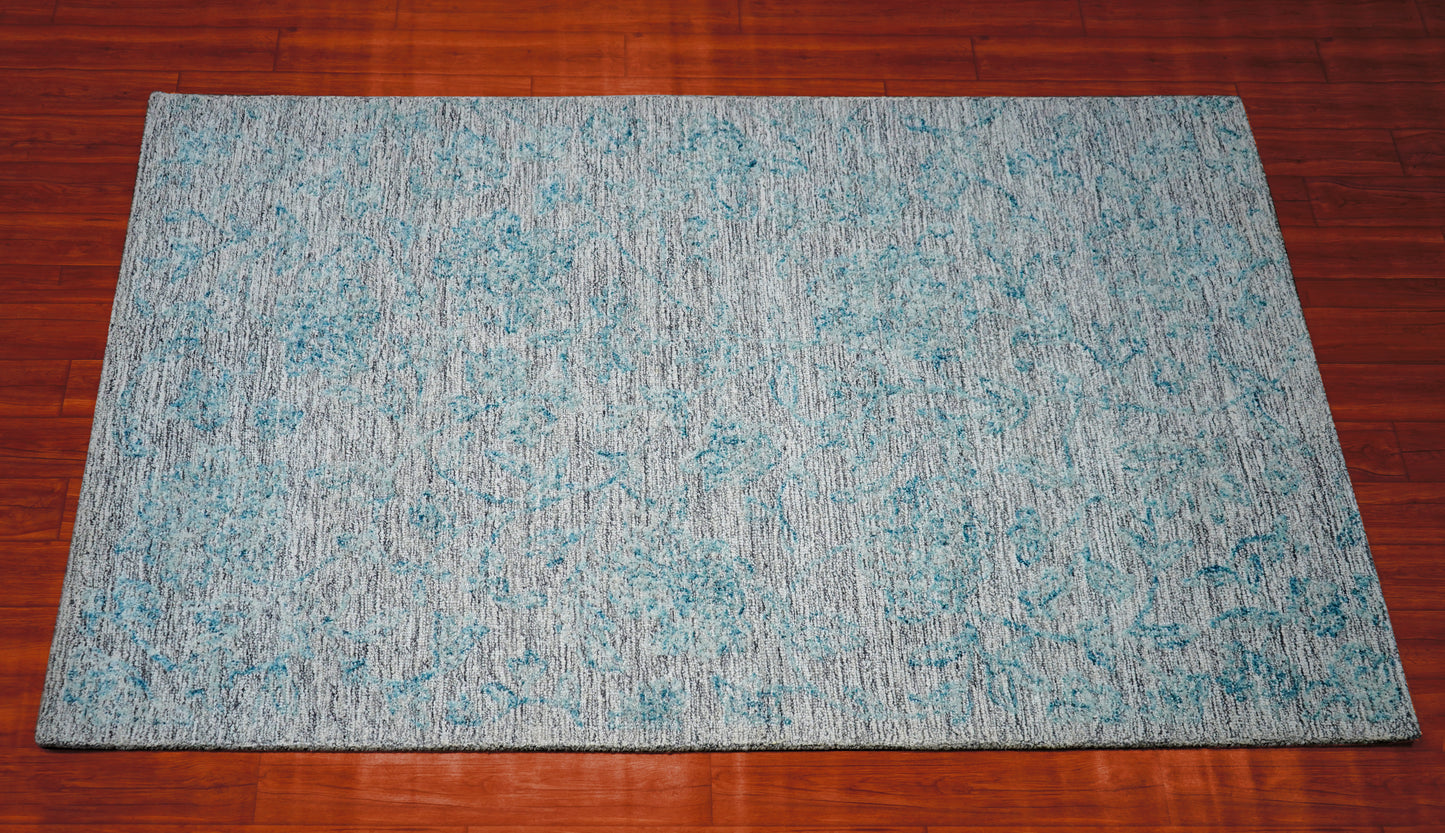 Teal Grey Abstract Textured Hand Tufted Wool Area Rug - Cut Pile Contemporary Custom Sizes