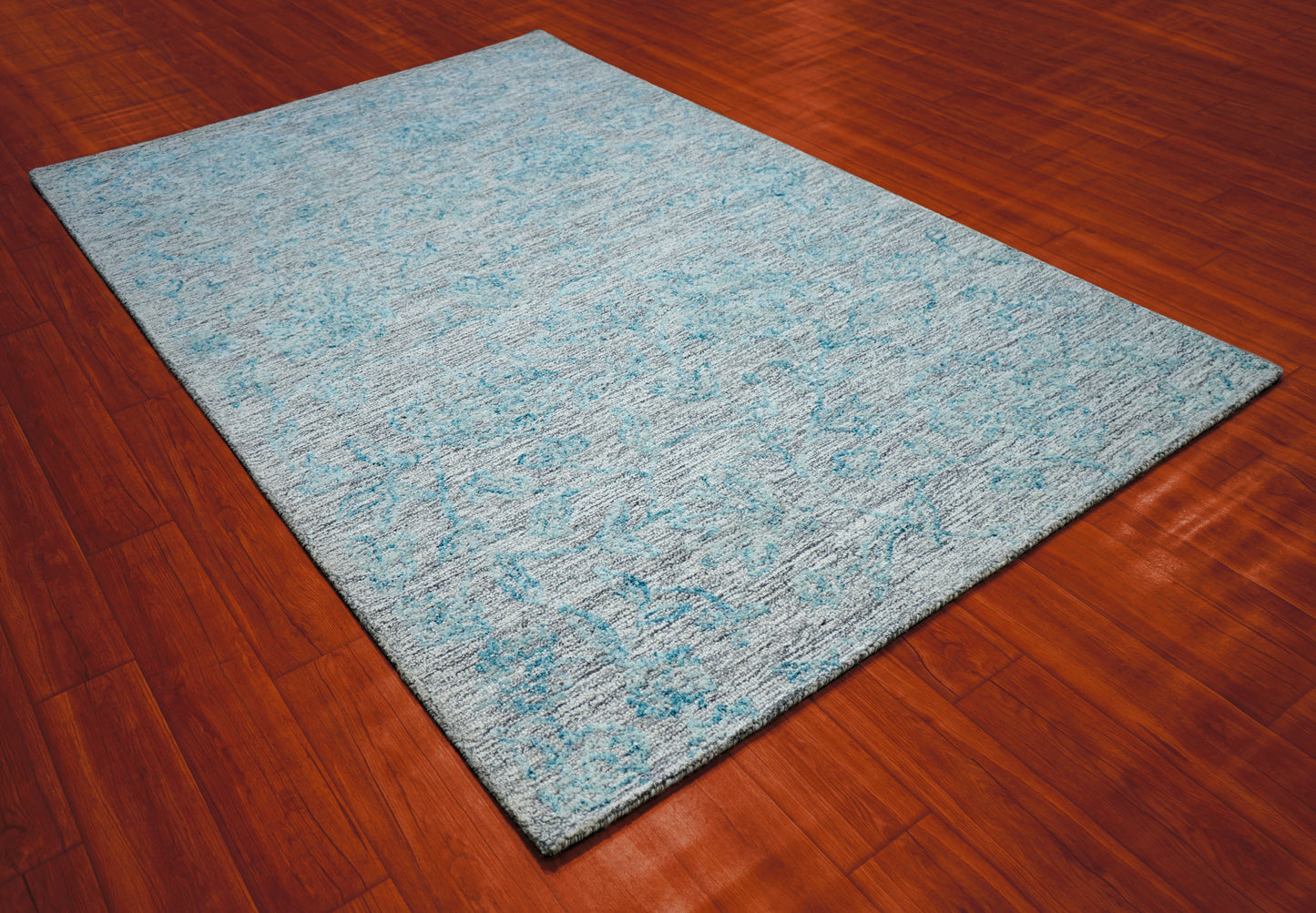 Teal Grey Abstract Textured Hand Tufted Wool Area Rug - Cut Pile Contemporary Custom Sizes