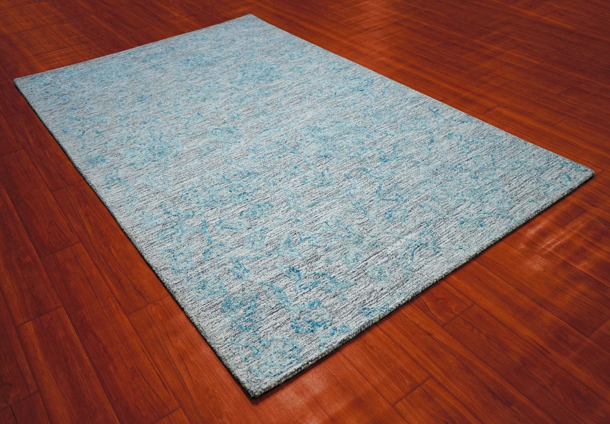 Teal Grey Abstract Textured Hand Tufted Wool Area Rug - Cut Pile Contemporary Custom Sizes