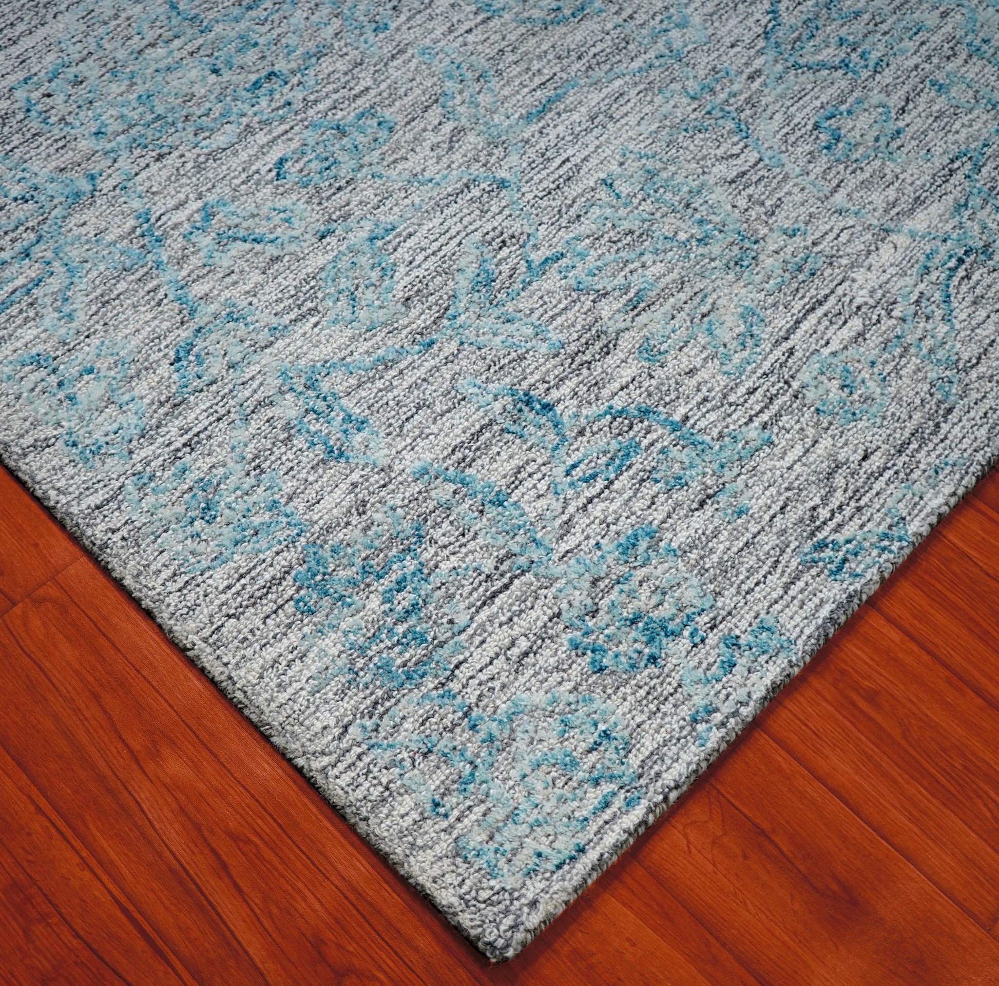Teal Grey Abstract Textured Hand Tufted Wool Area Rug - Cut Pile Contemporary Custom Sizes