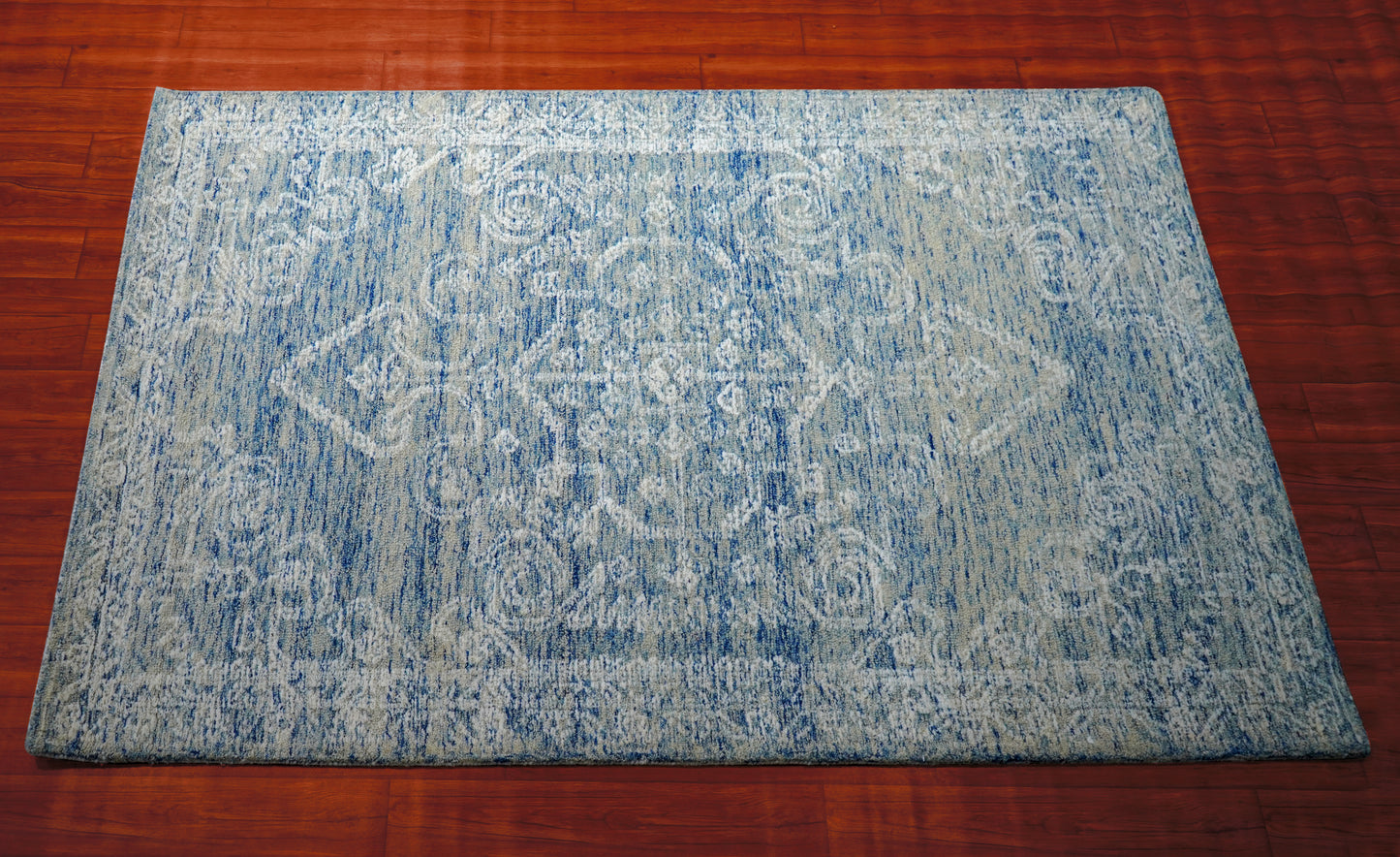 Blue Grey Vintage Damask Distressed Hand Tufted Wool Area Rug - Cut Pile Shabby Chic Custom Sizes