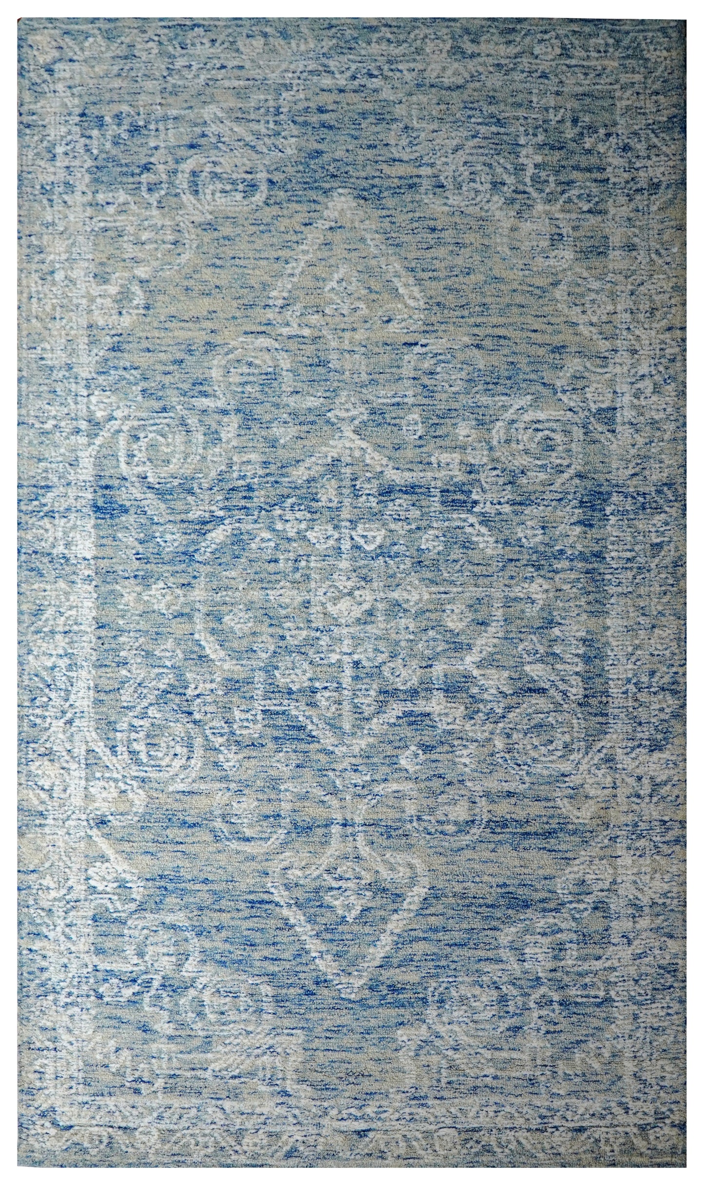 Blue Grey Vintage Damask Distressed Hand Tufted Wool Area Rug - Cut Pile Shabby Chic Custom Sizes