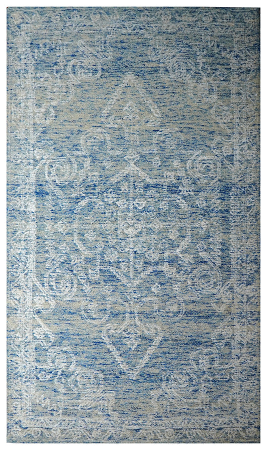 Blue Grey Vintage Damask Distressed Hand Tufted Wool Area Rug - Cut Pile Shabby Chic Custom Sizes