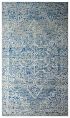 Blue Grey Vintage Damask Distressed Hand Tufted Wool Area Rug - Cut Pile Shabby Chic Custom Sizes