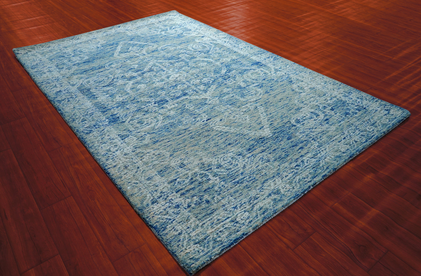 Blue Grey Vintage Damask Distressed Hand Tufted Wool Area Rug - Cut Pile Shabby Chic Custom Sizes