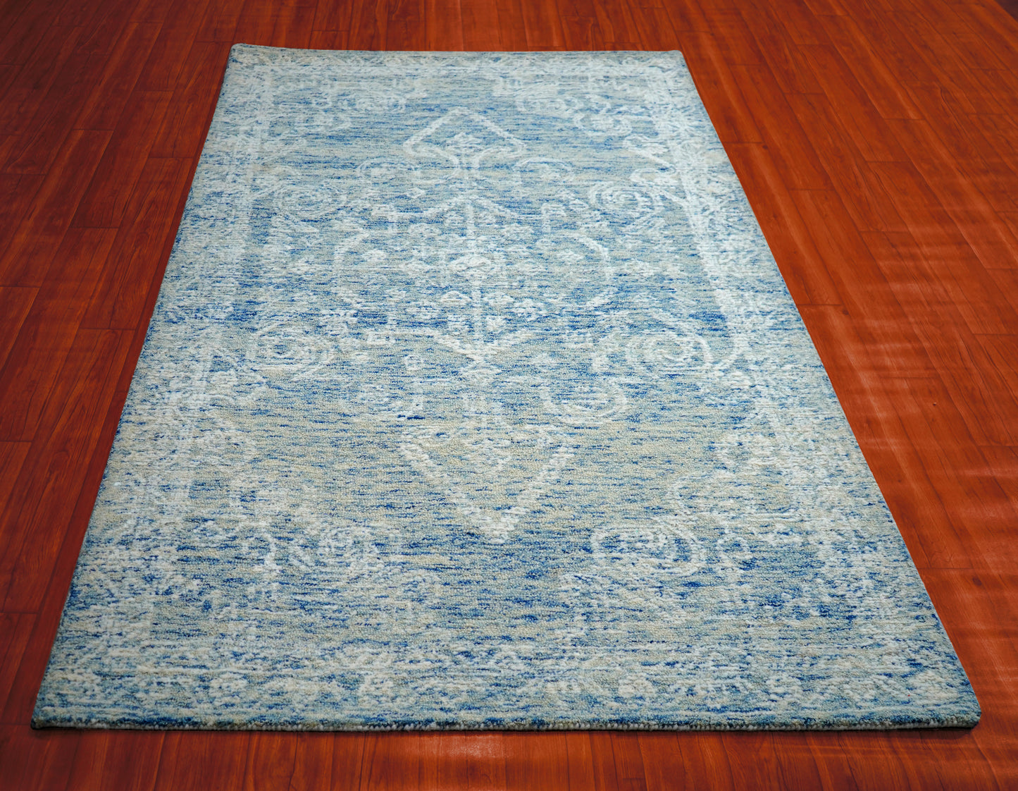 Blue Grey Vintage Damask Distressed Hand Tufted Wool Area Rug - Cut Pile Shabby Chic Custom Sizes