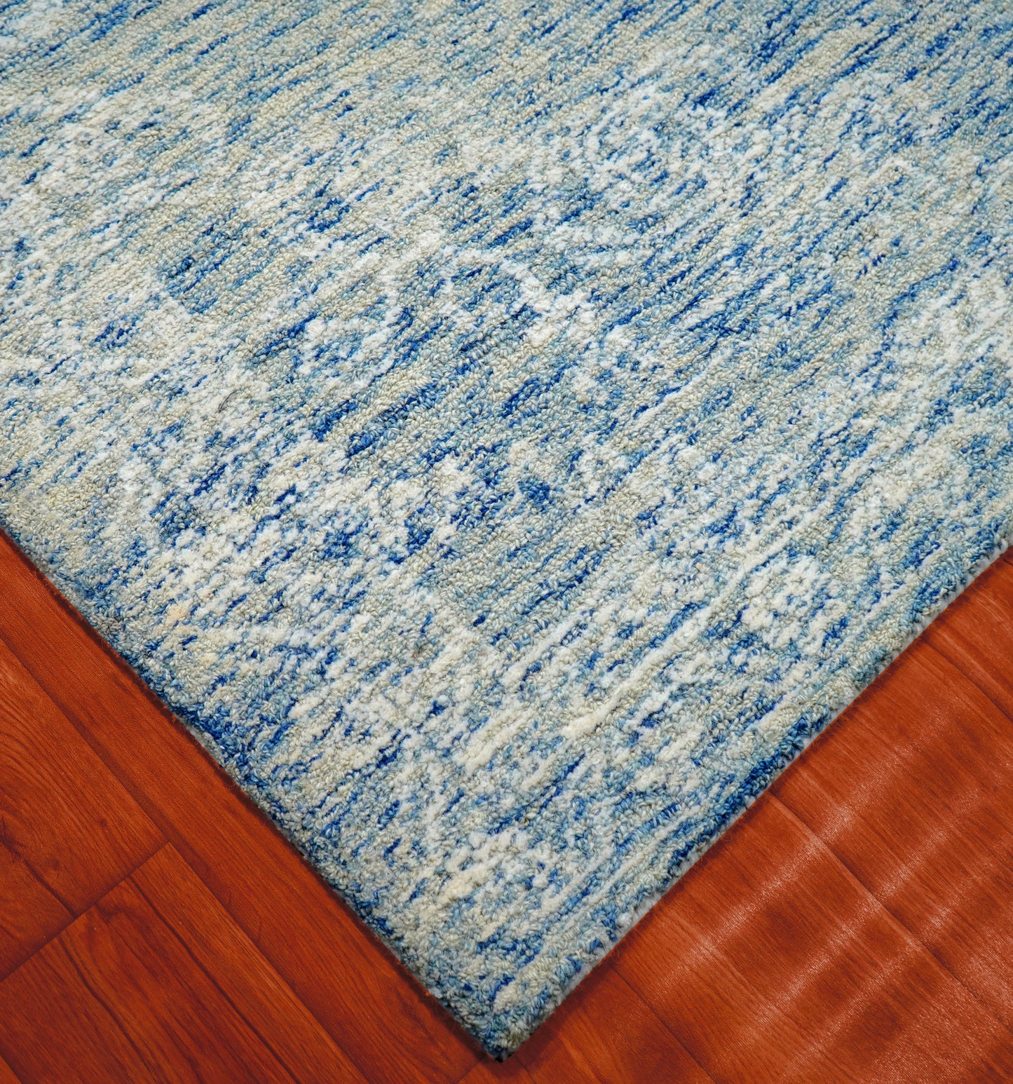 Blue Grey Vintage Damask Distressed Hand Tufted Wool Area Rug - Cut Pile Shabby Chic Custom Sizes