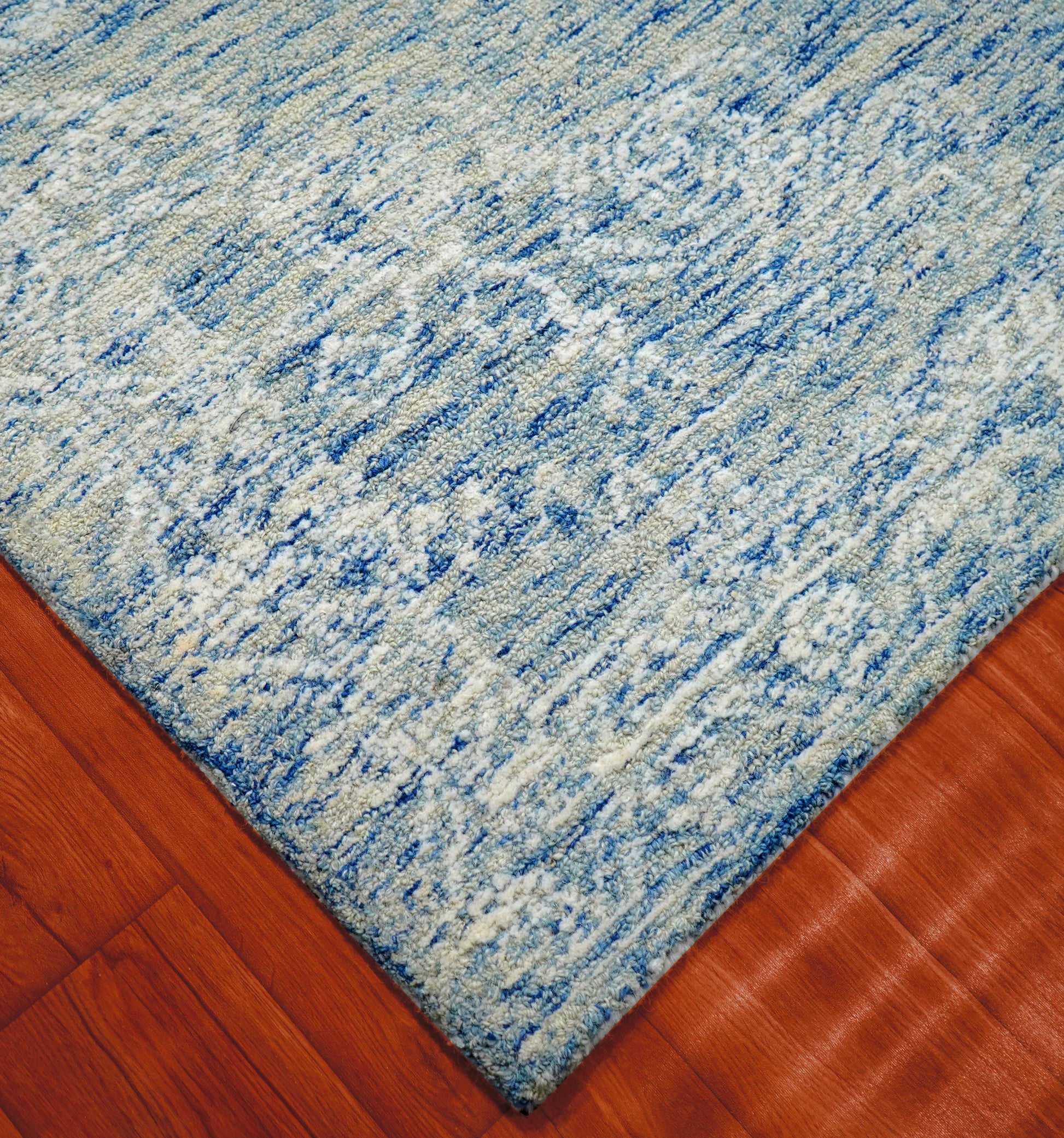 Blue Grey Vintage Damask Distressed Hand Tufted Wool Area Rug - Cut Pile Shabby Chic Custom Sizes