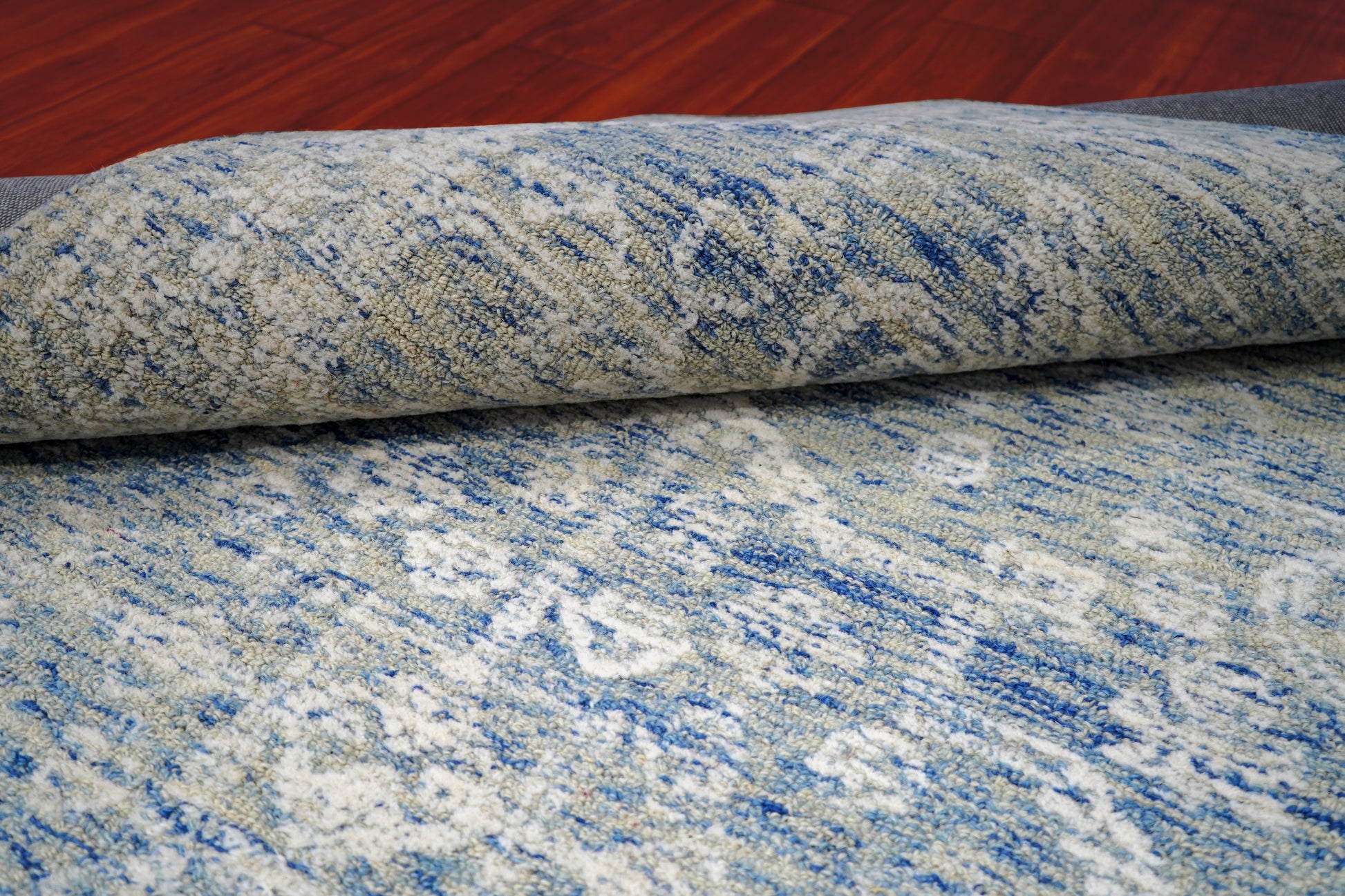 Blue Grey Vintage Damask Distressed Hand Tufted Wool Area Rug - Cut Pile Shabby Chic Custom Sizes