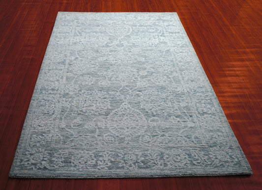 Teal Grey Abstract Textured Hand Tufted Wool Area Rug - Cut Pile Contemporary Custom Sizes
