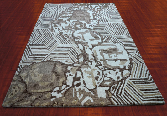 Aqua Grey Geometric Chevron Floral Hand Tufted Wool Area Rug - Cut Pile Contemporary Custom Sizes