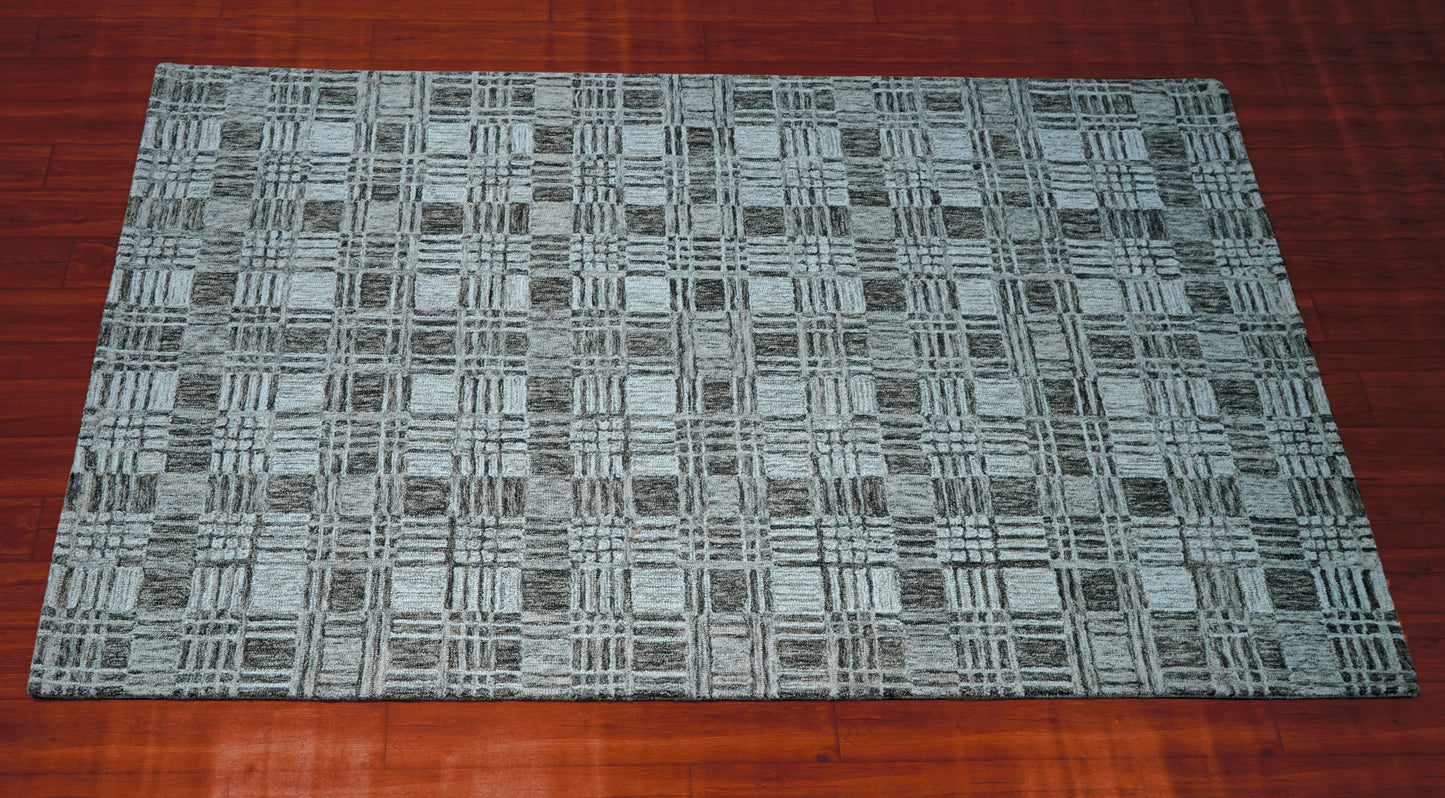 Grey Teal Abstract Grid Textured Hand Tufted Wool Area Rug - Cut Pile Contemporary Custom Sizes