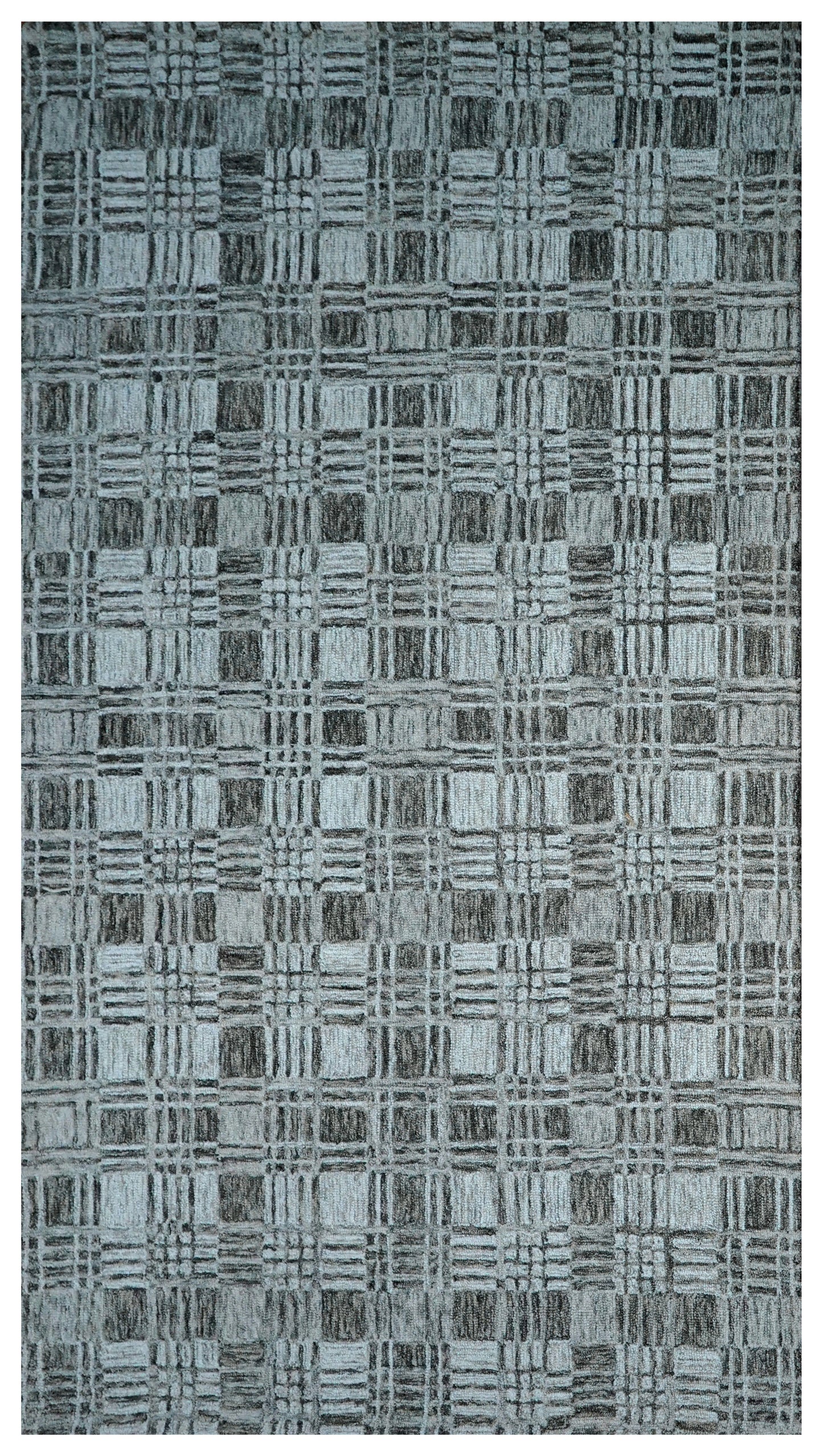 Grey Teal Abstract Grid Textured Hand Tufted Wool Area Rug - Cut Pile Contemporary Custom Sizes
