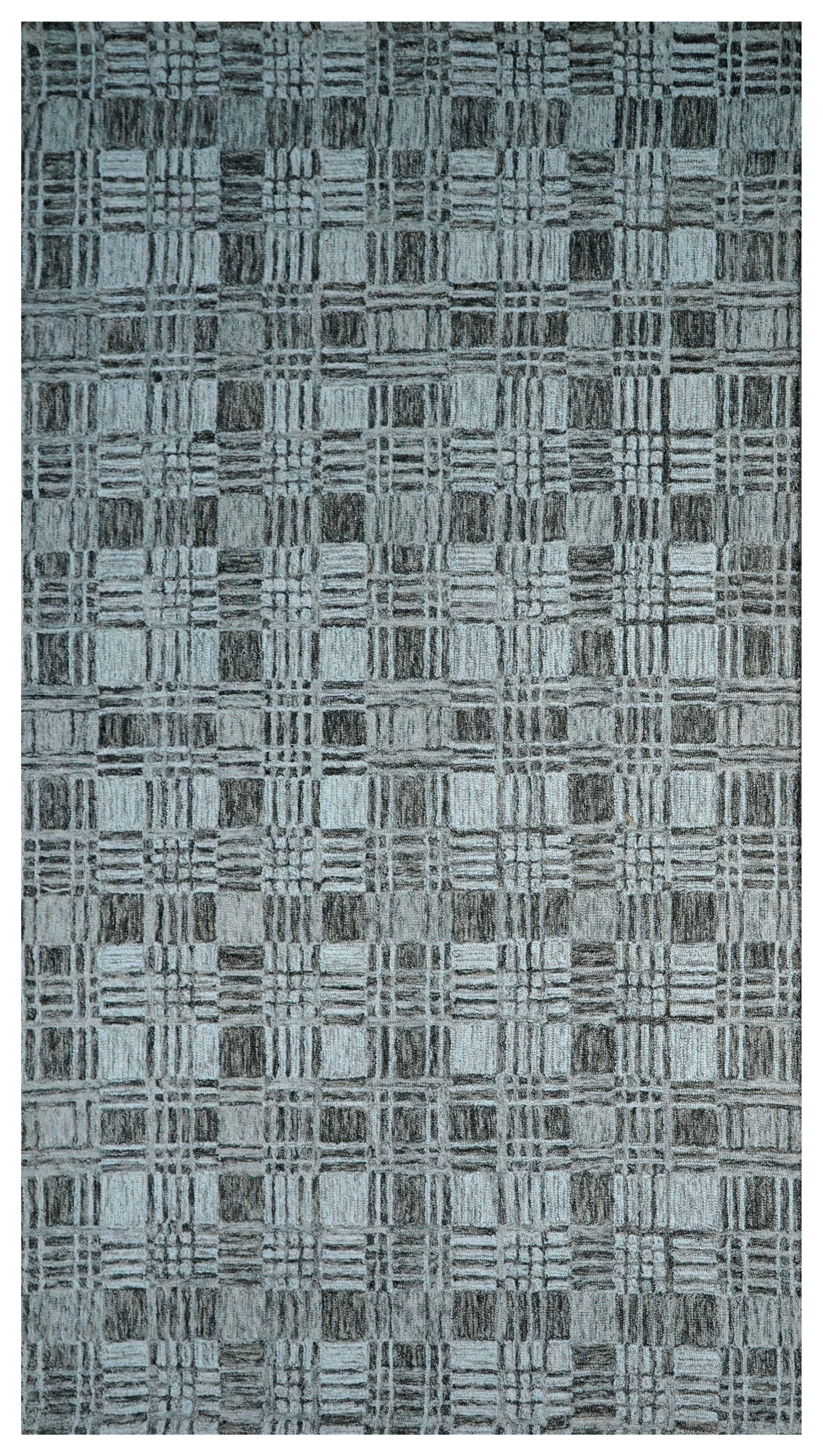 Grey Teal Abstract Grid Textured Hand Tufted Wool Area Rug - Cut Pile Contemporary Custom Sizes