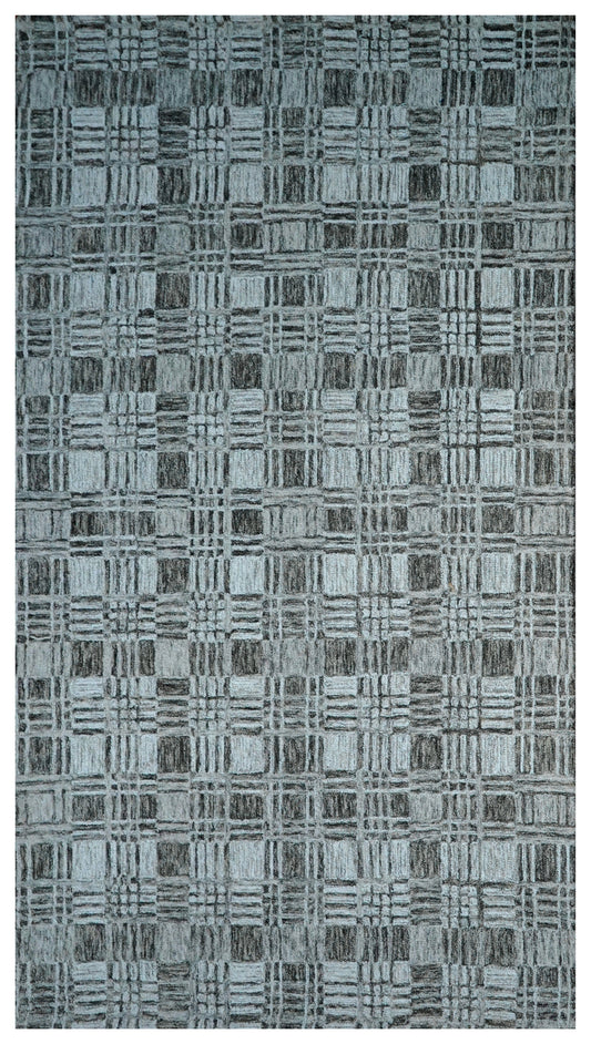 Grey Teal Abstract Grid Textured Hand Tufted Wool Area Rug - Cut Pile Contemporary Custom Sizes