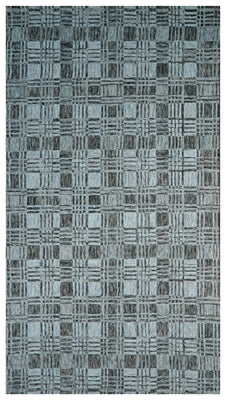 Grey Teal Abstract Grid Textured Hand Tufted Wool Area Rug - Cut Pile Contemporary Custom Sizes