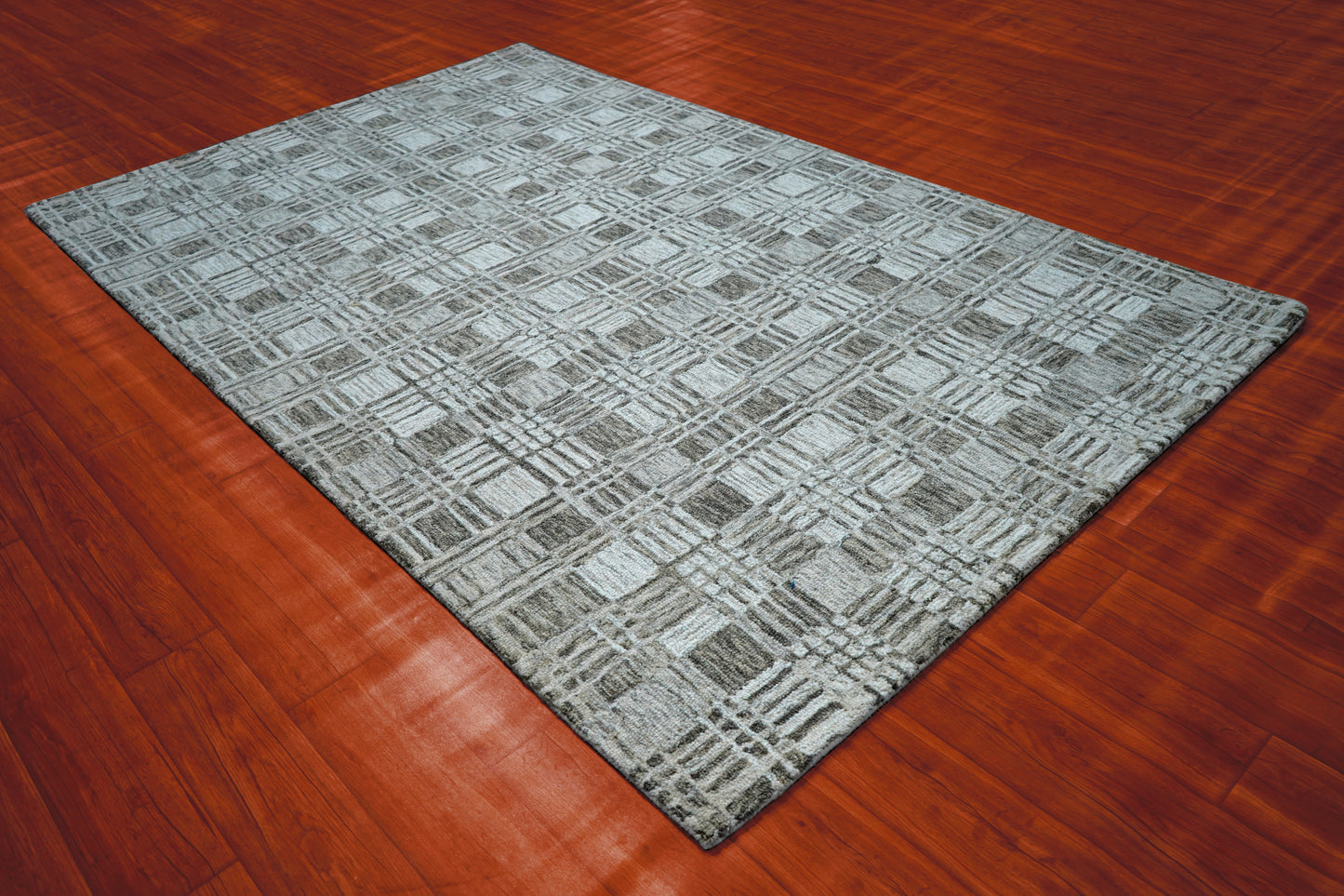 Grey Teal Abstract Grid Textured Hand Tufted Wool Area Rug - Cut Pile Contemporary Custom Sizes