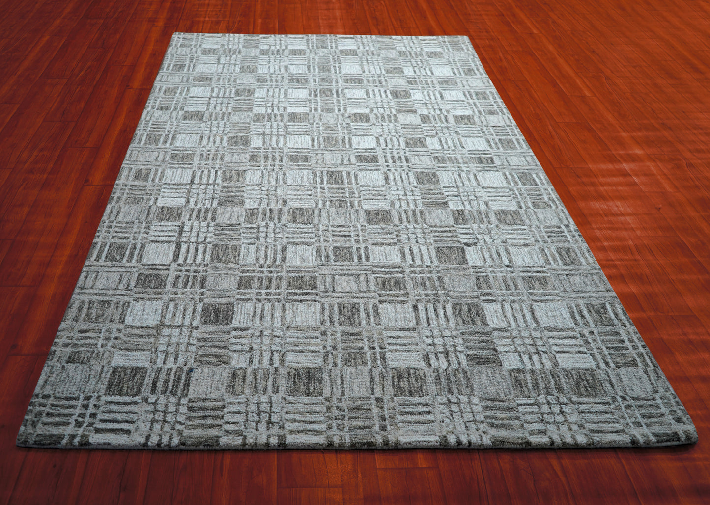 Grey Teal Abstract Grid Textured Hand Tufted Wool Area Rug - Cut Pile Contemporary Custom Sizes