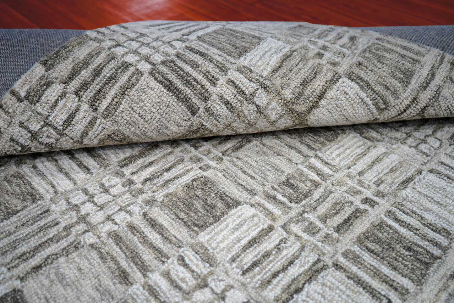 Grey Teal Abstract Grid Textured Hand Tufted Wool Area Rug - Cut Pile Contemporary Custom Sizes