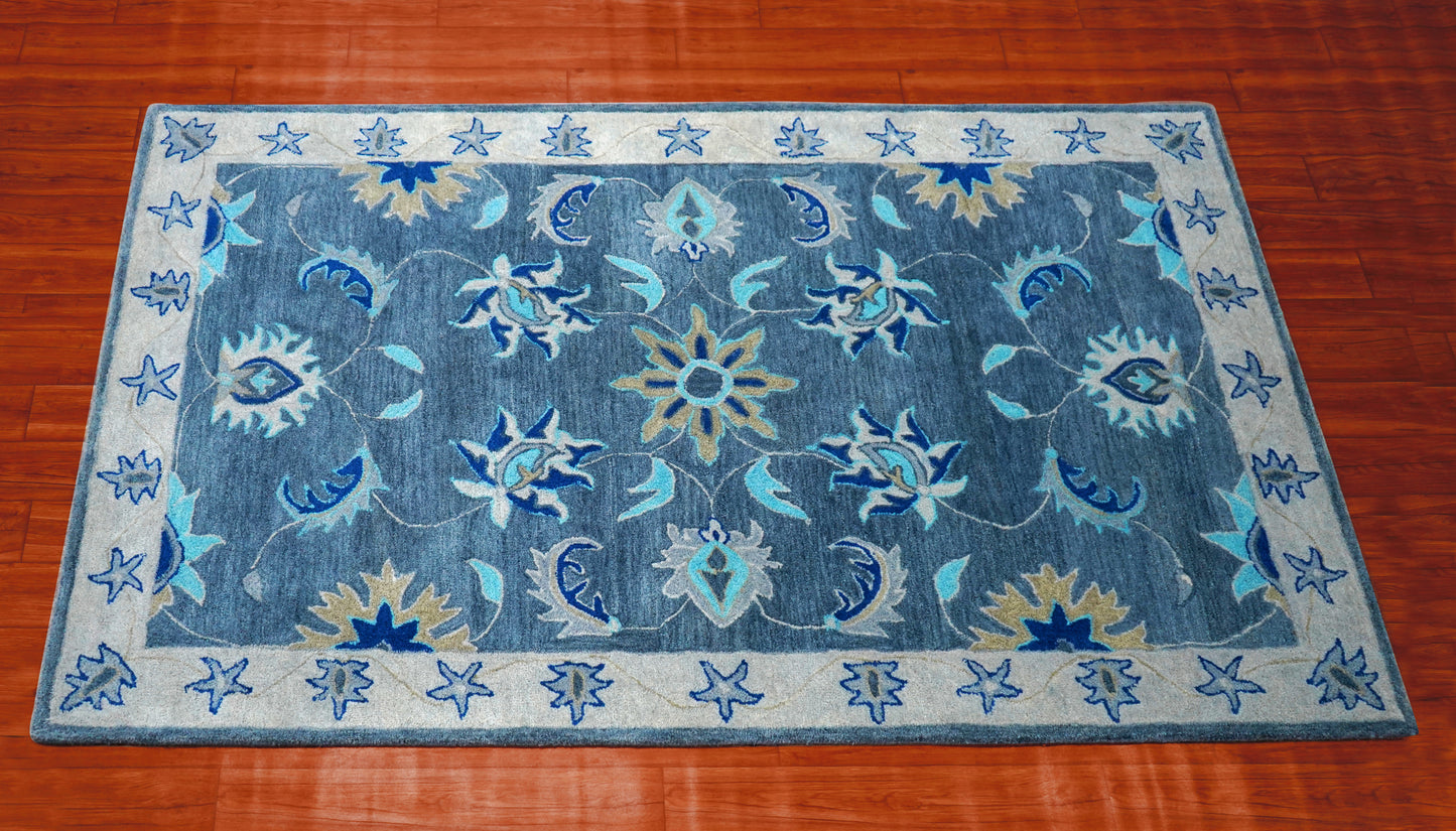 Blue Grey Coastal Floral Starfish Border Hand Tufted Wool Area Rug - Cut Pile Nautical Custom Sizes