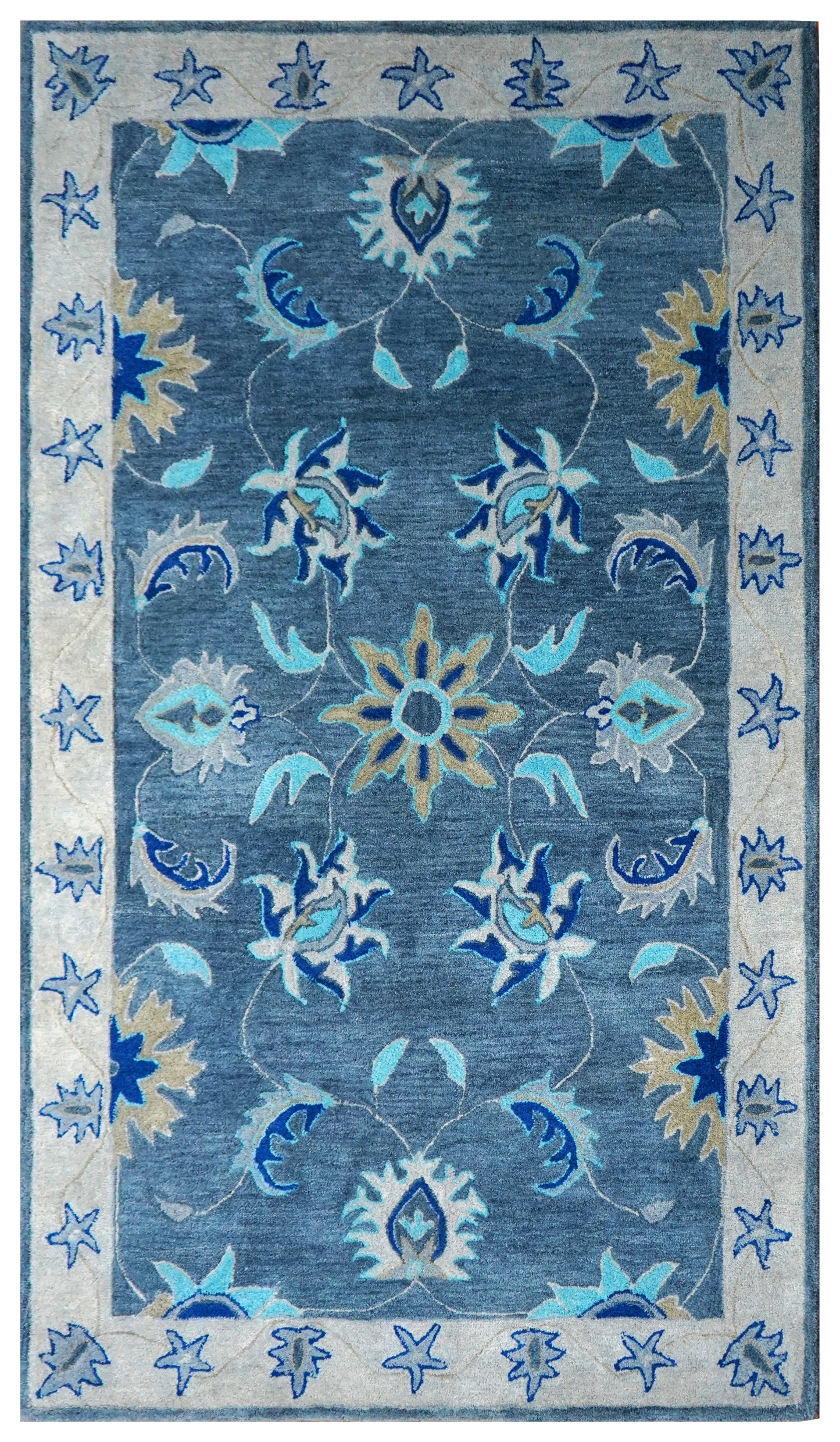 Blue Grey Coastal Floral Starfish Border Hand Tufted Wool Area Rug - Cut Pile Nautical Custom Sizes