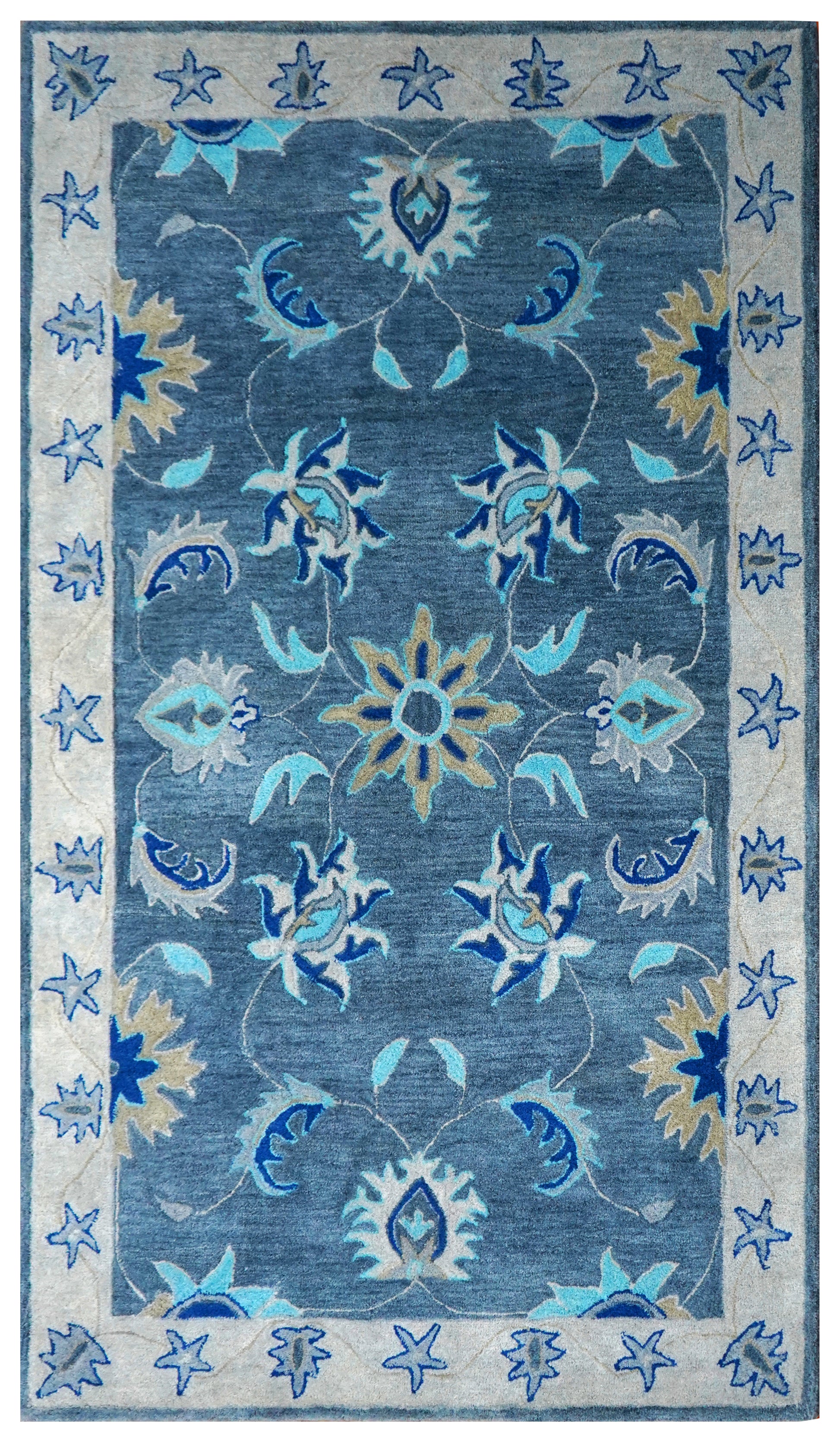 Blue Grey Coastal Floral Starfish Border Hand Tufted Wool Area Rug - Cut Pile Nautical Custom Sizes