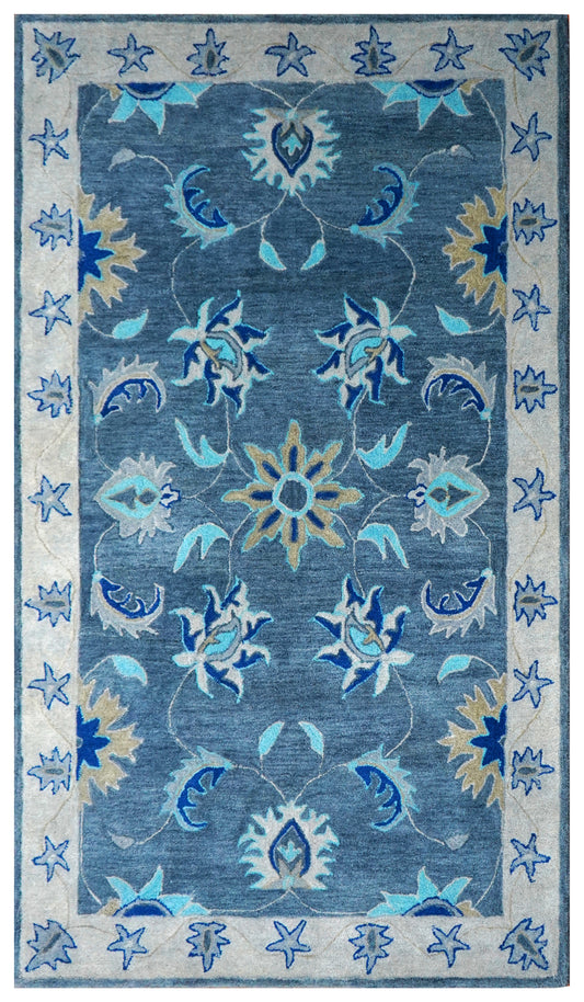 Blue Grey Coastal Floral Starfish Border Hand Tufted Wool Area Rug - Cut Pile Nautical Custom Sizes