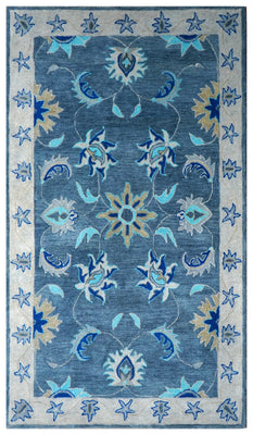 Blue Grey Coastal Floral Starfish Border Hand Tufted Wool Area Rug - Cut Pile Nautical Custom Sizes